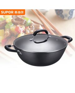 SUPOR Cast Iron Double-Ear Coating-Free Deep Wok 36CM Durable Iron Pan for Gas and Induction Stove FC36Y1