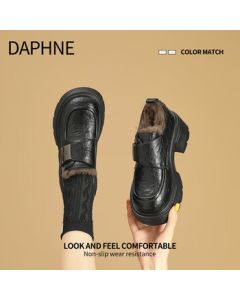 DAPHNE Women's Black Fur-Lined Platform Loafers - 2025 New Collection Chunky Heel Versatile Flats Winter Warm Leather Shoes
