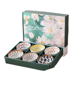 Pelson Underglaze Chinese Ceramic Rice Bowl Gift Set, Rattan-Woven Spring Dawn 4.5-Inch Bowl, 6-Piece Set