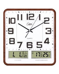 Compas Wall Clock for Living Room, Perpetual Calendar with Temperature and Humidity Display, Minimalist Quartz Wall Clock C2983, Brown Wood, 37cm