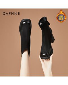 Daphne Women's Ankle Boots New French Heel Slim Boots Versatile Martin Boots Black Fleece-Lined Size 36