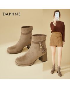 DAPHNE French Versatile Suede Slim Boots for Women, Winter Fleece-Lined Chunky Heel Fashion Retro Ankle Boots, Beige, Size 39