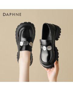 Daphne Women's Leather Loafers with Thick Sole and Mid Heel - British Style Casual Shoes 4023404397 Black Shiny 34