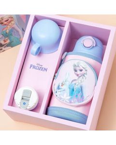 Disney Children's Insulated Cup Gift Set with Dual Lids - Straw Baby Water Bottle, Student 316 Stainless Steel Thermos, 620ML Elsa