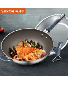 SUPOR Stainless Steel Frying Pan, Non-Stick Wok for Home Use, Flat Bottom Pan Compatible with Induction Cookers and Gas Stoves, 30CM CC30JG3
