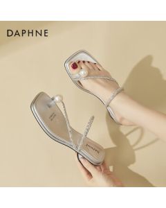 DAPHNE French Rhinestone Chunky Heel Slide Sandals for Women, Summer Fashion Open-Toe Pearl Versatile Sandals - Silver, Size 36