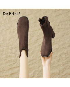 Daphne Women's Ankle Boots 2025 New Round-Toe Chunky Heel Nude Slimming Versatile Fashion Boots - Khaki, Size 37