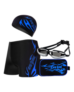 You Swimming Trunks & Goggles Men's Set - Swim Trunks, Goggles, Swim Cap 5-Piece Flame Set Z25101 Black with Blue Flame XL
