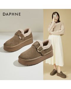 Daphne Genuine Leather Platform Birkenstock Shoes for Women, Winter Retro Versatile Casual Fleece-Lined Warm Cotton Shoes, Gray, Size 36