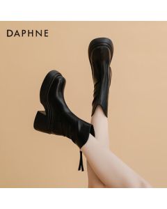 Daphne V-Cut Elastic Chelsea Ankle Boots for Women, Autumn/Winter Mid-Calf Martin Boots, Slimming Boots, Black, Size 38