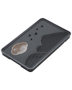 JingDong JingZao Tea Tray with Drainage and Water Storage, Imitation Black Stone Tea Tray for Home Living Room, Ruyi Distant Mountains Design, Medium Size