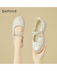 DAPHNE Women's Flat Mary Jane Shoes with Bow, Comfortable Soft-Sole Ballet Shoes for Casual Wear with Skirts, Beige, Size 35