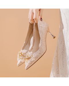 Daphne Simple Versatile Pointed-Toe High Heels Women's French Flats Elegant Comfortable Bridal Shoes Wedding Shoes Champagne 38
