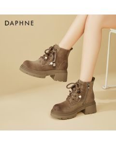 DAPHNE Retro Platform Fur-Lined Martin Boots for Women - Chunky Lace-Up Ankle Boots, Slimming & Height-Increasing, Versatile Big Yellow Boots, Beige, Size 36