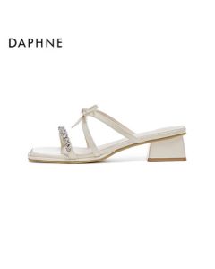 Daphne One-Strap Sandals for Women, New Style Rhinestone Chunky Heel Bow Flip-Flops 4025303250 Beige 35