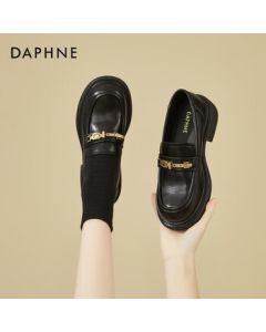 Daphne Platform Black Loafers - Versatile Retro School Style Slip-On Leather Shoes - Black - Size 37