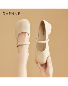 Daphne Women's Leather French Mary Jane Flats Versatile Chunky Heel Shoes 4024101489 Beige 38