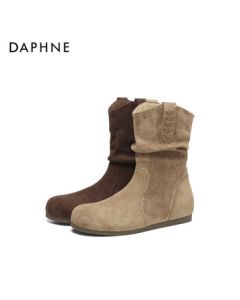 DAPHNE Women's Stacked Boots Chunky Heel Retro Western Ankle Boots Khaki 35