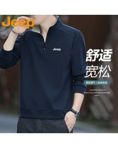 JEEP Men's Stand Collar Business Casual Loose-Fit Versatile Breathable Long-Sleeve Pullover Hoodie - Navy Blue 2XL