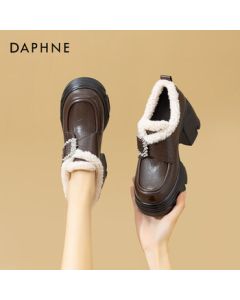 Daphne Chunky Heel Women's High Heels Winter Fleece-Lined Deep V-Cut Loafers Fashion Versatile Women's Shoes Brown 38