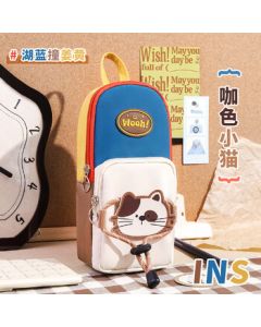ZHUSHENG Back-to-School Season New Small Backpack Color-Blocked Pencil Case Multi-Functional Large-Capacity Pen Pouch Stationery Box - Brown Kitten Design (Unit: Piece)