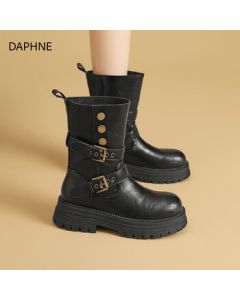 DAPHNE 2025 Autumn New Boots Black Knight Martin Boots Mid-Calf Boots for Women Western Cowboy Boots Ankle Boots for Women