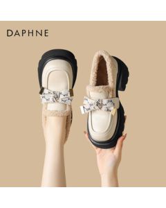 Daphne Women's Loafers Autumn Winter Leather High Heel Dress Shoes with Fleece Lining 4023607062 Beige 39