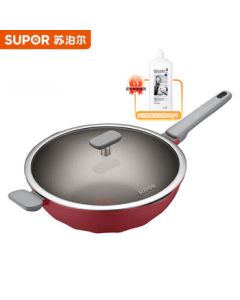 SUPOR Home Use Red Dot Titanium Non-Stick Wok, Compatible with Induction Cookers and Gas Stoves NC32WA3 32cm + Free Dish Soap (Single Shipment)