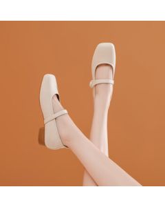 Daphne French Single Women's Mary Jane Shoes 2024 Spring White Chunky Heel Flat Gentle Evening Shoes, Beige, Size 39
