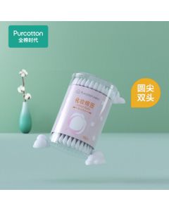 PurCotton Double-Ended Cotton Swabs, Beauty Fine Stick Pure Cotton Cleaning Swabs, Portable Plastic Case, 100 Pieces/Box