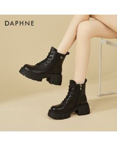 Daphne Platform Women's Martin Boots, Winter British Style Versatile Fleece-Lined Ankle Boots, Fashion Boots for Women, Black, Size 36