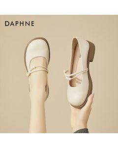 Daphne Women's Flat Mary Jane Shoes Comfortable Versatile French-style Shallow Round Toe Soft Leather Loafers Beige Size 37
