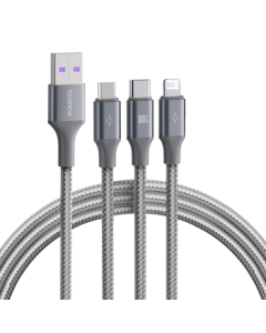 ROMOSS 3-in-1 Data Cable 6A Fast Charging 100W Charger Cable with Triple Heads for Apple Type-C Android iPhone 16/15 Xiaomi Huawei Phones Car Use