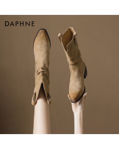 Daphne Western Cowboy Stacked Boots Women's 2025 New Autumn Winter Retro Versatile Martin Boots - Camel, Size 37