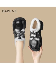 Daphne Women's Loafers British Thick-Soled Leather Shoes Fleece-Lined Cotton Shoes 4023607052 Fleece Black 36