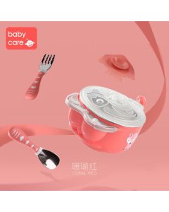 babycare BC2008039 Baby Insulated Bowl Stainless Steel Bowl Infant Feeding Bowl Children's Bowl and Spoon Set - Coral Red (5-Piece Set)