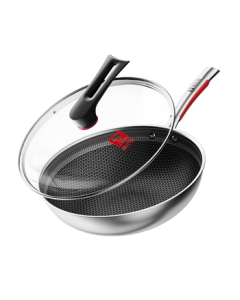 KBHOK 32cm Stainless Steel Frying Pan with Honeycomb Pattern, 316L Non-Stick Wok for Induction Cooker and Gas Stove