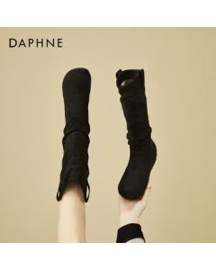 Daphne Flat Over-the-Knee Boots for Women, Fashionable Furry Lined Optional Stacked Boots, Retro Versatile Slimming Knight Boots, Black Furry Lined Size 35