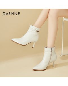 DAPHNE Women's Plush Ankle Boots with Stiletto Heel, Pointed Toe, High Heel, Slim Boots, French Style Fashion Boots - Beige, Size 39