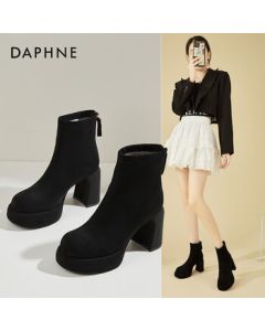 Daphne Chunky Heel Ankle Boots for Women, Winter Fleece-Lined Fashion Versatile Back Zipper Slim Boots, Black, Size 36