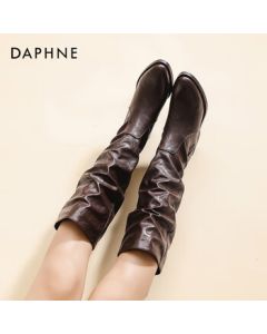 Daphne Women's Knee-High Boots 2025 Autumn/Winter Slimming Folded Stacked Boots Pointed Toe High Knight Boots Brown 35