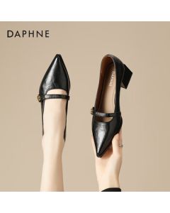 DAPHNE French Pointed-Toe High Heels for Women, Versatile Chunky Heel Retro Mary Jane Shoes, Black, Size 36
