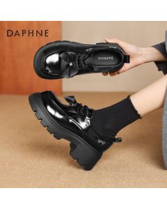 Daphne Women's Loafers British Style Chunky Heel Platform Leather Shoes 4024404352 Black 36