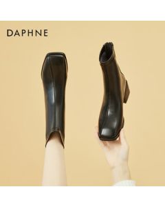DAPHNE Square-Toe Mid-Heel Chunky Boots Women's British Style Fashion Boots Versatile Rear Zipper Slimming Ankle Boots Black 36