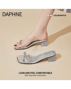DAPHNE Transparent Strap High-Heel Sandals for Women, Summer Sexy Open-Toe Chunky Heel Slide Sandals, Trendy Casual Slippers