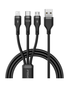 PISEN 100W 3-in-1 Fast Charging Cable with Multi-Port 66W Compatible for Apple Type-C Android iPhone 17/16 Huawei Mate Xiaomi Phones Car Use