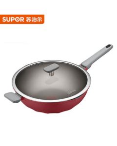 SUPOR Red Dot Titanium Wok with Lid 32CM, Induction Cooker and Gas Stove Compatible NC32WA3