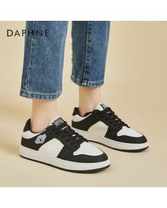 Daphne Women's Casual Shoes Genuine Leather Breathable Flat Sole Sports Running Low-Top Sneakers - Black (Low-Top) Size 40
