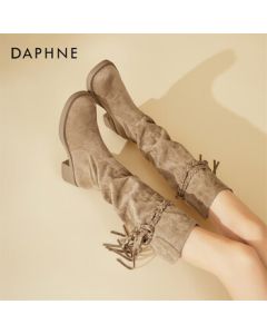 DAPHNE Women's High Boots Vintage Tassel Chunky Heel Knee-High Slim Stacked Riding Boots - Beige, Size 38