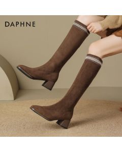 Daphne Chunky Heel Boots for Women 2025 New Round-Toe High Heel Classic Casual Over-the-Knee Boots - Brown Size 36
